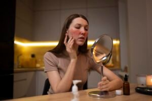 woman looking her face on mirror.